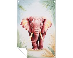 Roze olifant met planten - Olifant tuinprint - Tuinkunst dieren - Aquarel - Tuinaccessoires - Tuinschilderijen voor buiten - tuinposter 30x45 cm