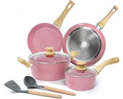 Roze pannenset 8-delige pot- en braadpannenset Pan met coating voor inductie e koekenpannenset met deksel Geschikt voor alle kookplaten Anti-kromtrekkende bodem