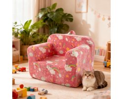 Roze regenboog kinderbank: licht kindersofa met handvat en zijzakken, schuimstof peuterzitje