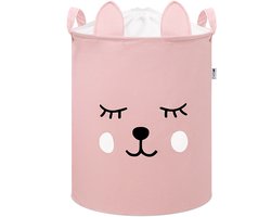 Roze Speelgoedopbergmand met Teddy Beer Gezicht - Katoenen Opbergbox met Trekkoord - Kinderwasmand - 43 Liter - 35x35x45 cm - Sipo - Speelgoedmand