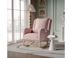 Roze Teddy Schommelstoel met Kussen – Comfortabele Relaxstoel met Opbergvakken aan Beide Zijden – Gezellige Fauteuil voor Woonkamer & Slaapkamer