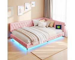 Roze Teddy Stoffen Sofa Bed 140x200 – Dubbelbed met LED-Licht en USB, Comfortabel & Modern Slaapbank Ontwerp