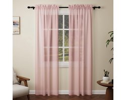 Roze Tule Gordijnen 2 Stuks - 132x160 cm - Tunnel Voor Gordijnroede - Semi-Transparant & Privacy - Voor Woonkamer, Keukens & Slaapkamer