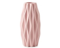 Roze vaas kunststof met reliëf structuur – smalle hoge bloemen vaas met keramiek look voor interieur decoratie woonkamer en eettafel