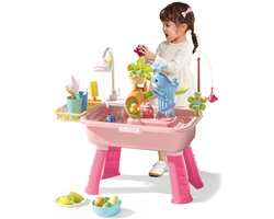 Roze Watertafel Voor Peuters Van 1-3 Jaar, Watertafel Met Pomp, Speelgoedkeukenset Voor Kinderen Van 4-8 Jaar, Speelgootsteen Met Stromend Water En Elektrische Kraan, Inclusief Speelgroenten, Servies En Visspel