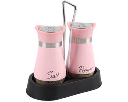 Roze Zout- en Peperstrooier Set van 2 met Standaard – RVS en Glas – voor Koken, BBQ en Keuken