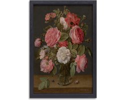 Rozen in een glazen vaas - Jacob van Hulsdonck schilderij - Bloemen wanddecoratie - Canvas schilderijen Oude meesters - Klassieke schilderijen - Canvas met baklijst - Woonkamer decoratie canvas met baklijst 50x70 cm