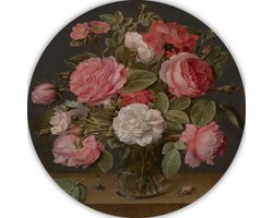 Rozen in een glazen vaas - Jacob van Hulsdonck wandcirkels - Bloemen wandpaneel - Schilderij Oude meesters - Klassieke schilderijen - Wandcirkel - Woonkamer accessoires muurcirkel forex 80x80 cm