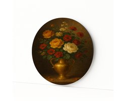 Rozen in gouden vaas – wandkunst rond – Dibond muurcirkel – 100x100 cm