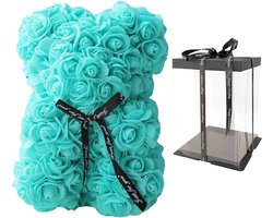 Rozen teddybeer van Turqoise kunstrozen beer 25 cm met Giftbox - Bloemen beer - Romantisch Cadeau - Verjaardag - Valentijndag - Moederdag - Liefde - Rose Bear