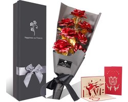 Rozenboeket Goud, 7 Stuks Goud Rose Bloem Cadeau voor Vrouwen, Handgemaakt Goudfolie Kunstmatig Rozenboeket - met Geschenkdoos voor Vrouw Vriendin / Moederdag / Verjaardag / Trouwdag / Jubileum (Rood)