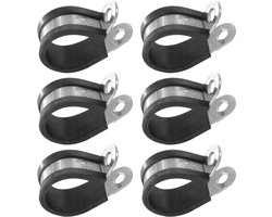 Rubber Gecoate RVS Klem - R-Type Dempende Bevestigingsklem - Voor Elektriciteits- & Waterslangen - Hobby & Werkplaats - Zwart/Zilver - 6mm - 6 Stuks