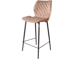 Ruby Barkruk Velvet Champagne 66 cm Zithoogte - Velours Bar Kruk - Speelse Sierstiksels - Eetkamer Stoel - Fluweel Kruk - Rugleuning - Barstoel met Voetsteun - Design Barkrukken - Zwarte Metalen Poten - Beige
