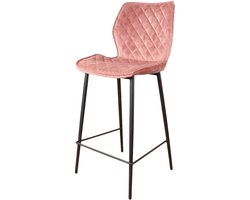 Ruby Barkruk Velvet Roze 66 cm Zithoogte - Velours Bar Kruk - Speelse Sierstiksels - Eetkamer Stoel - Fluweel Kruk - Rugleuning - Barstoel met Voetsteun - Design Barkrukken - Zwarte Metalen Poten