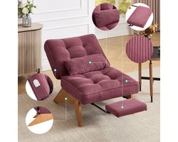 Rugloze Loungefauteuil - Verstelbaar - Met Voetensteun - Met Lendenkussen - Houten Poten - Bordeauxrode Corduroy