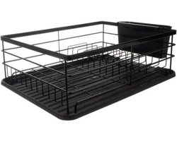Ruhhy Afwas afdruiprek - met lekbak - staal - zwart - 44 x 31 x 13 cm - met bestekbak