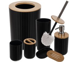 Ruhhy badkamerset - 6 delig - zwart - kunststof/RVS/bamboe - toiletset - badkamer accessoires