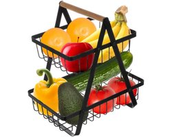 Ruhhy fruitschaal - metaal/hout - 30 x 27 x 18 cm - keuken organizer - zwart - fruitrek