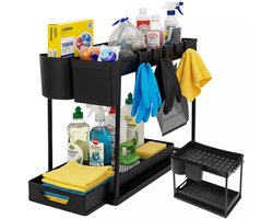 Ruhhy gootsteen organizer 2-laags – zwart rek met uittrekbare planken voor keuken en badkamer