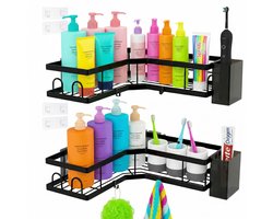 Ruhhy Hoek Badkamer Plank Set van 2 – Zonder Boren – Zelfklevende Douche Hoekplank – Zwart Staal – Shower Caddy met Haken – Badkamer Organizer