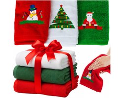 Ruhhy kersthanddoeken set – 3 katoenen handdoeken rood, groen en wit met geborduurde details