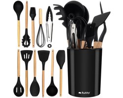 Ruhhy keukengerei - 12 delig - siliconen - zwart/hout - met standaard - keukenaccessoires - keuken