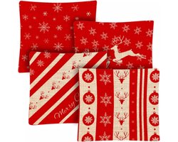 Ruhhy Kussenhoezen Set - Decoratief Kerstthema - 4 Stuks - Rood Linnen