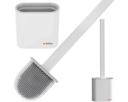 Ruhhy Silicone hygiëne wc/toiletborstel - plat - wit - 36 cm - in houder - muurbevestiging