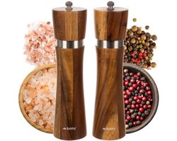 Ruhhy Zout- en pepermolen set - acacia hout - 21 x 6 cm - pepermolens en zoutmolens