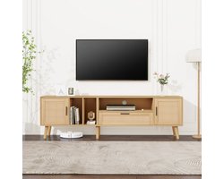 Ruim tv-meubel van 180 cm met rotandecoratie, 2 deuren en een lade, massief houten poten, biedt plaats aan een 80 inch tv, tv-opbergkast, tv-kast