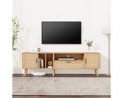Ruim tv-meubel van 180 cm met rotandecoratie, 2 deuren en een lade, massief houten poten, biedt plaats aan een 80 inch tv, tv-opbergkast, tv-kast