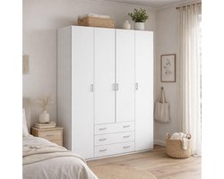 Ruime 4-Deurs Kledingkast met 3 Lades 154x50x200 cm Metalen Garderobekast voor Kinderen en Slaapkamer