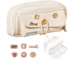 Ruime Pennenhouder met 4 Vakken - Decoratieve Patches, Duurzaam Ontwerp voor Meisjes, Volwassenen en Kinderen, Modern Kantooraccessoire in Crème Wit