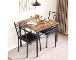 Ruimtebesparend 3‑delig eetset voor 2 personen – vierkante keukentafel met 2 beklede stoelen, meubel van hout en metaal, ideaal voor appartementen, verkrijgbaar in landelijk bruin