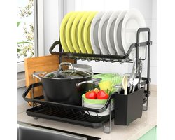 Ruimtebesparend afdruiprek voor servies en bestek - 2 lagen met handdoekhouder