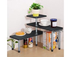 Ruimtebesparende 3-laags kruidenrek met haken - verstelbare displayplanken voor keukenopslag, slaapkamer, badkamer, kantoor - zwart opbergrek