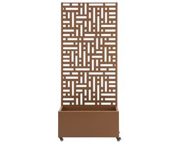 Ruimteverdeler – Scheidingswand – Kamerscherm – Plantenbak – Room Divider – Met Bloemenbak – Rollend Met Wielen – Weerbestendig Staal 190x82x38 cm – Bruin