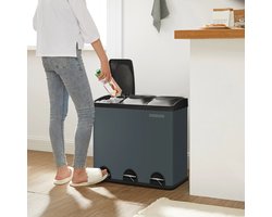 Rumi Prullenbak - Vuilnisbak 54 liter (3 x 18 L) - Afvalbak met 3 vakken - Pedaalemmer van Metaal - Binnenemmer van Kunststof - met Scharnierende Deksels en Handgrepen - Soft Close - Luchtdicht - Zwart