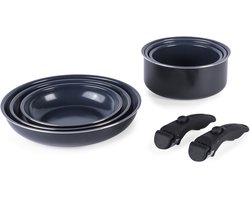 Russell Hobbs Smart Clip Pot and Pan-set – 8-delige keramische non-klevende frituurbakken en Saucepans met 2 afneembare handgrepen, stapelbaar ontwerp, PFAS-vrij, Induction Oven Safe, Marine, Navy Blue