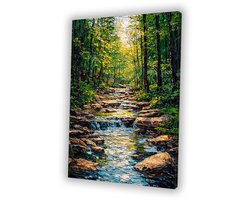 Rustgevend bos met rivier - Bos schilderij - Muurdecoratie canvas rivier - Impressionisme - Schilderijen op canvas industrieel - Woondecoratie - canvas 60x90 cm