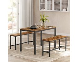 Rustiek 3delig eetstel met tafel en banken Stalen frame Industrieel ontwerp