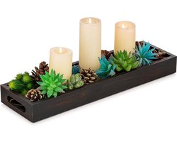Rustiek houten rechthoekig lang smal dienblad met handgrepen - decoratief serveerstuk voor thuis - kaarsenhouder tray voor salontafel - zwart bruin dienblad vierkant 70x70