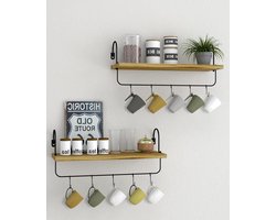 Rustiek industriëel design houten wandrek set van 2 - wandboard met haken en handdoekhouder - decoratief keukenrek en badkamer hangrek - vintage stijl voor woonkamer koffie rek
