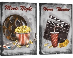 Rustieke Bioscoop Canvas Wanddecoratie - Set van 2 Oude Film Reels en Popcorn Posters - Voor Home Theater en Slaapkamer - Ingelijst en Klaar om Ophangen 16x24 inch