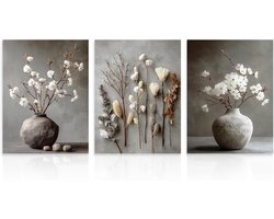 Rustieke Farmhouse Wandkunst Set van 3 - Wabi-sabi Vaas en Gedroogde Bloemen Afbeeldingen voor Woonkamer en Slaapkamer Decor 30x40 cm Niet Ingelijst, Perfect voor Landelijke Interieurs