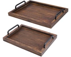 Rustieke houten dienbladen met handvat set van 2 - decoratieve nestborden voor ontbijt - salontafel - butler - groot 158 x 118 x 11 inch - klein 134 x 94 x 12 in