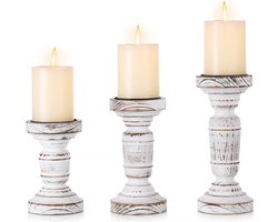 Rustieke Houten Kaarsenhouder Pijler - Set 3 Vintage Whitewash Houten Kaars Stand Decoratieve - 16/20/24cm Home Decor Mantle Firepilace Tafel Middenstuk Boerderij Deocration.