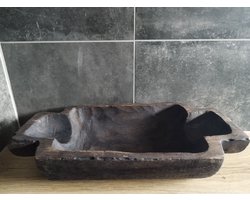 Rustieke houten schaal met handgrepen – uniek oud hout – decoratieve tray – wabi sabi woonaccessoire
