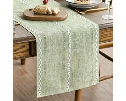 Rustieke katoenen linnen tafelloper, seizoensgebonden geborduurde holle keuken eettafel decoratie voor thuis feestdecor, lichtgroen,35x200cm