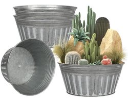 Rustieke Plantenpotten van Metaal - 4 stuks Zilverkleurig - Ø 10 inch - Bloempotten met Afvoergat en Rubberen Stop - Landelijke Vintage Stijl - Roestvrij - Bloembakken voor Tuin - Huis & Tuin Decoratie
